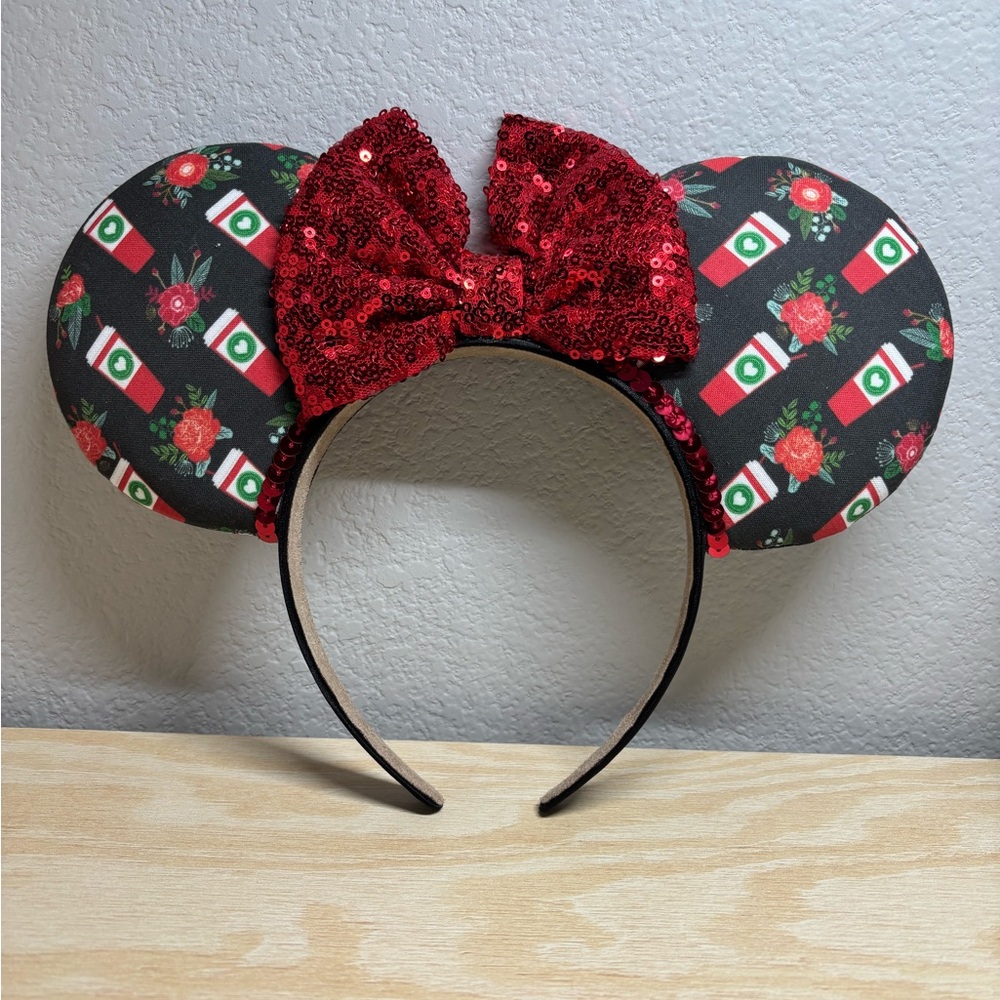 Disney handmade Minnie ears with red sequin bow with latte coffee detail on ears
